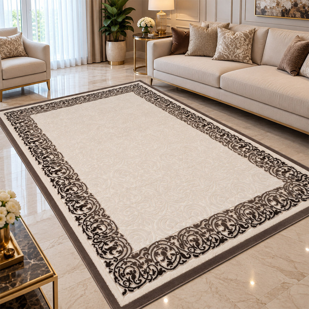 Covor Mira 3D Elegant Alb Perlat Chenar Bej