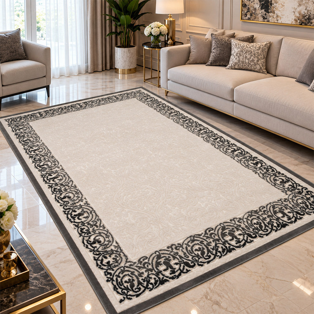 Covor Mira 3D Elegant Alb Perlat Chenar Gri